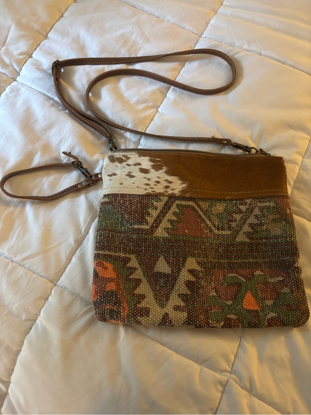 Myra Bag Boho Tapestry Crossbody Bag with Leather Trim - Brown & Multi